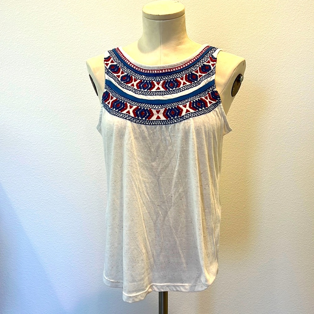 Free People White Tank Top with Blue and Red Embroidered Yoke